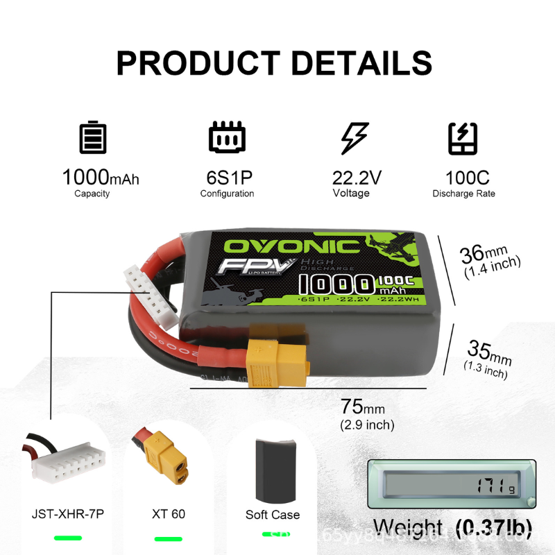 2Pcs OVONIC 1000mAh 100C 22.2V – обзор и цена Drone Battery 6S